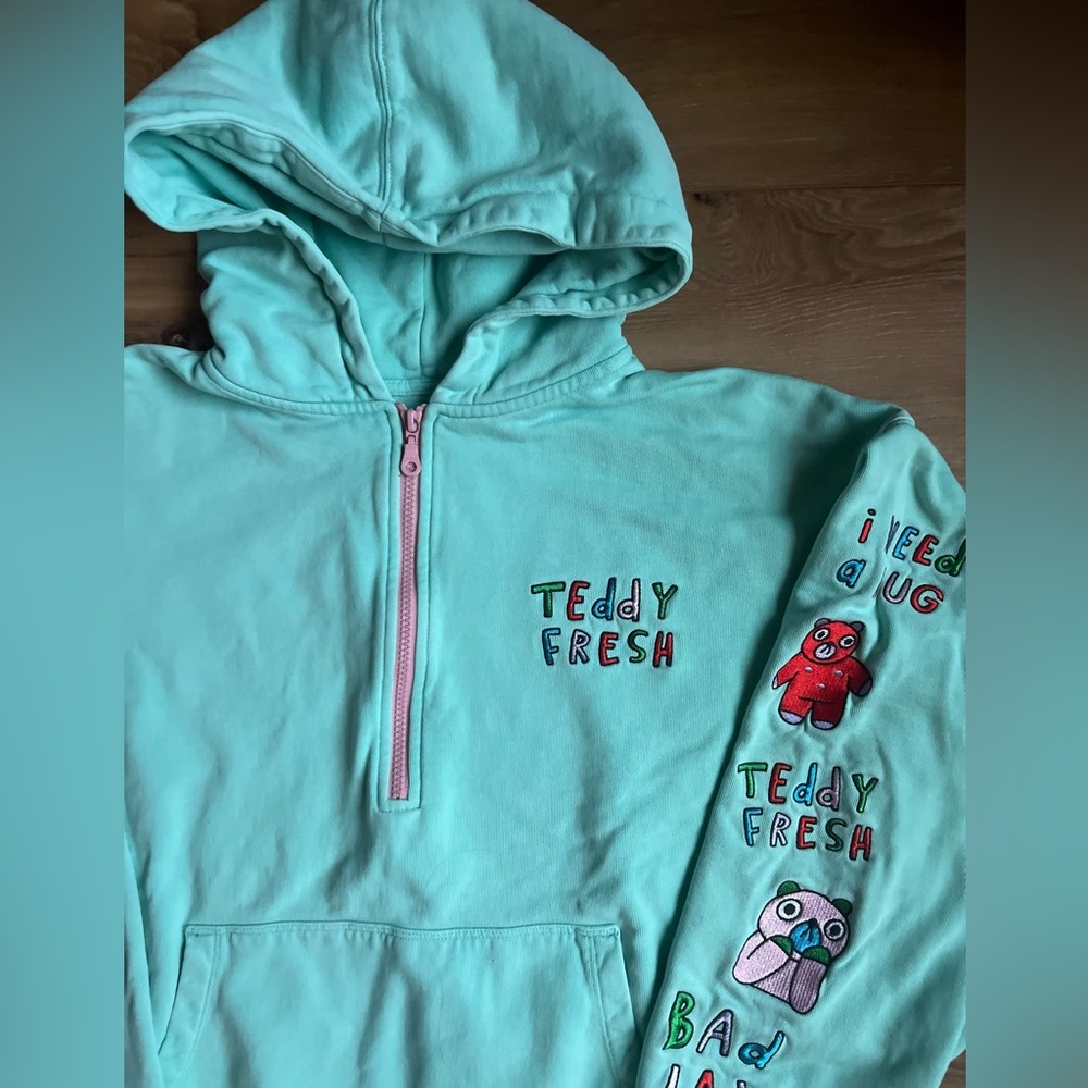 Teddy Fresh x Artist Isa Beniston I Need A Hug Half Zip Hoodie Sweatshirt Y2K M